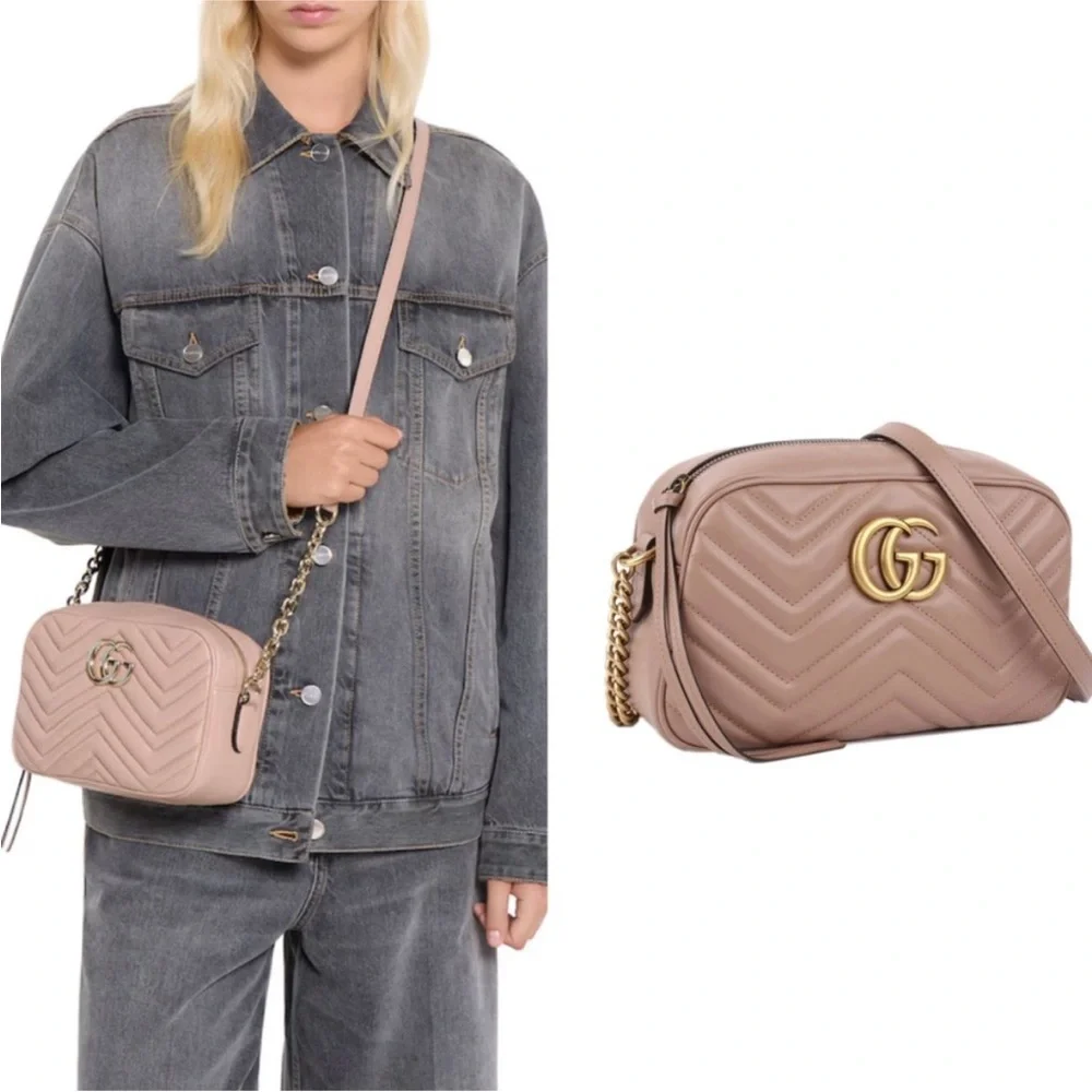 GUCCI MATELASSE LEATHER MARMONT GG CAMERA ZIP CROSSBODY BAG BEIGE PINK - Picture 2 of 16